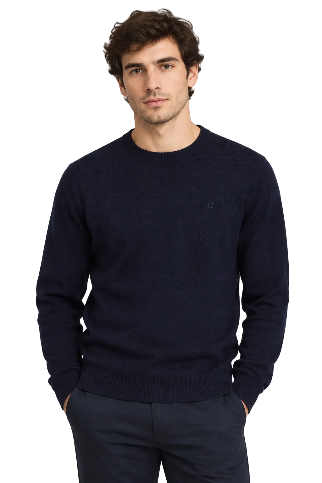Model wearing the Bugatti crew neck knitted sweatshirt, no price tag